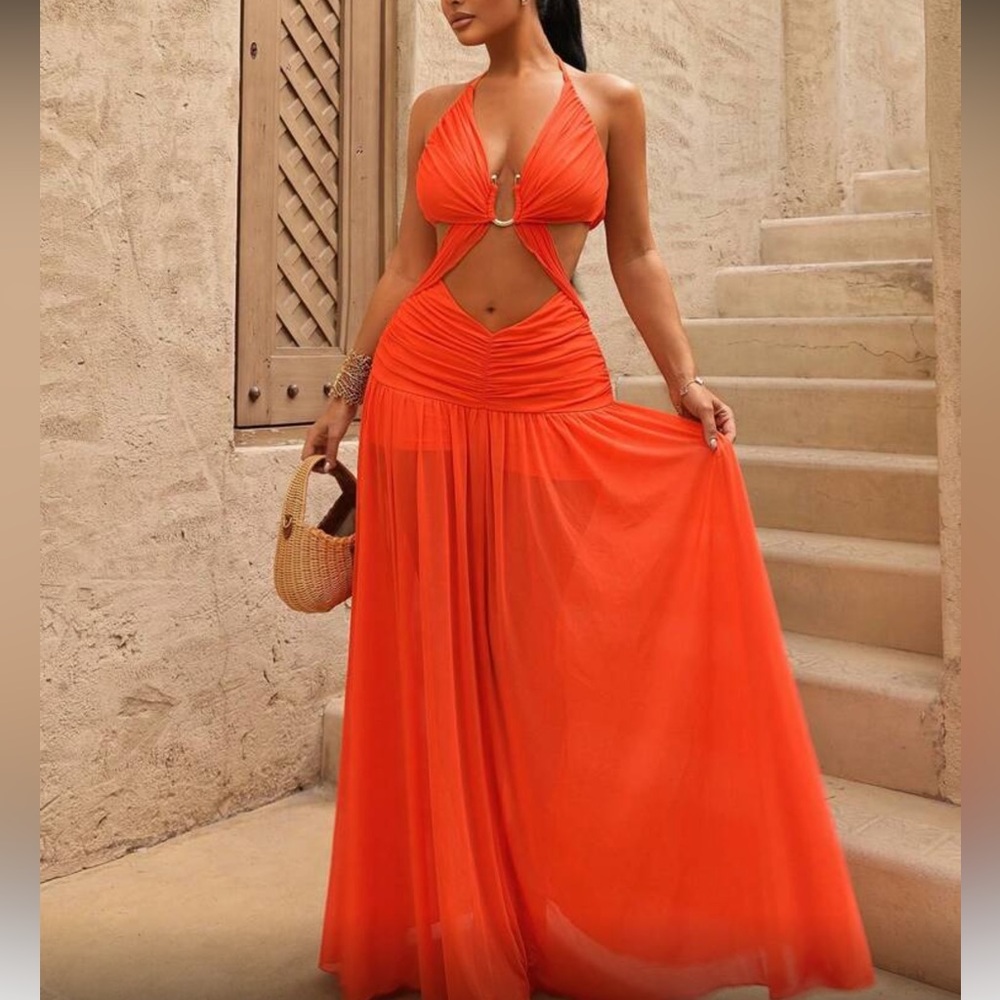 Elegant Orange Halter Maxi Dress